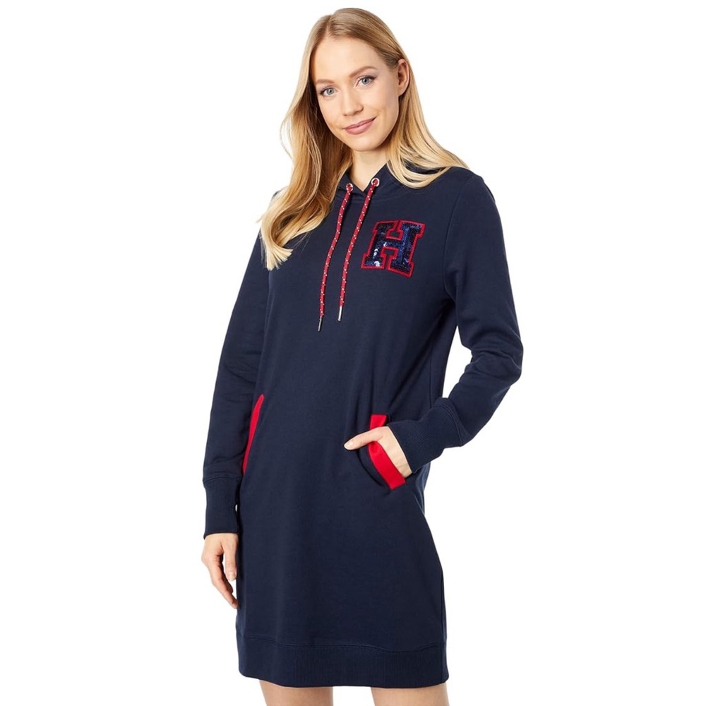 Tommy Hilfiger Sequined Bling Logo Long Sleeve Hoodie Dress